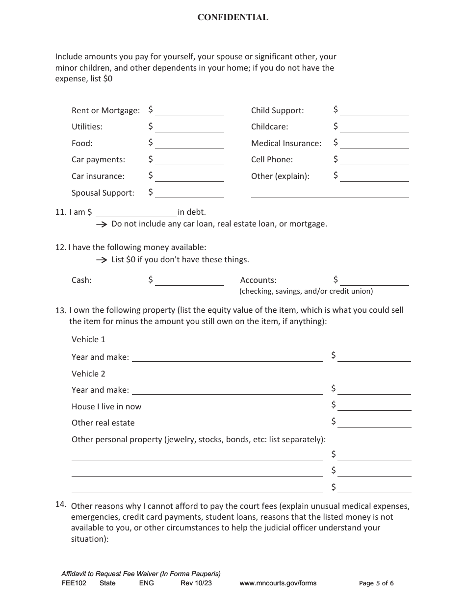 Form FEE102 Affidavit to Request Fee Waiver (In Forma Pauperis) - Minnesota, Page 5