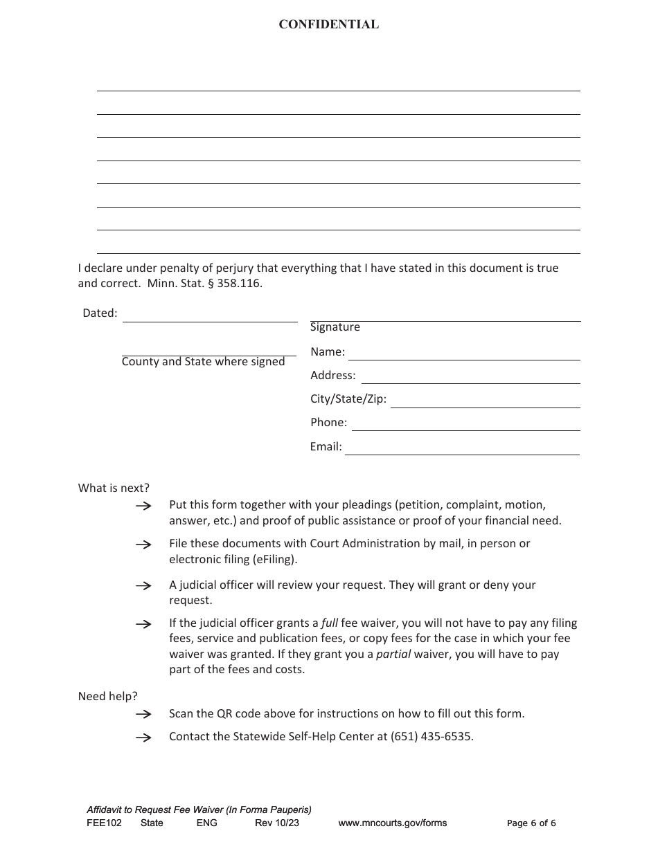 Form FEE102 Affidavit to Request Fee Waiver (In Forma Pauperis) - Minnesota, Page 6