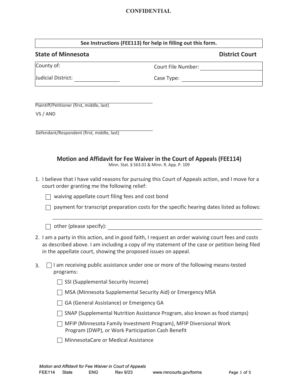Form FEE114 Motion and Affidavit for Fee Waiver in the Court of Appeals - Minnesota, Page 1