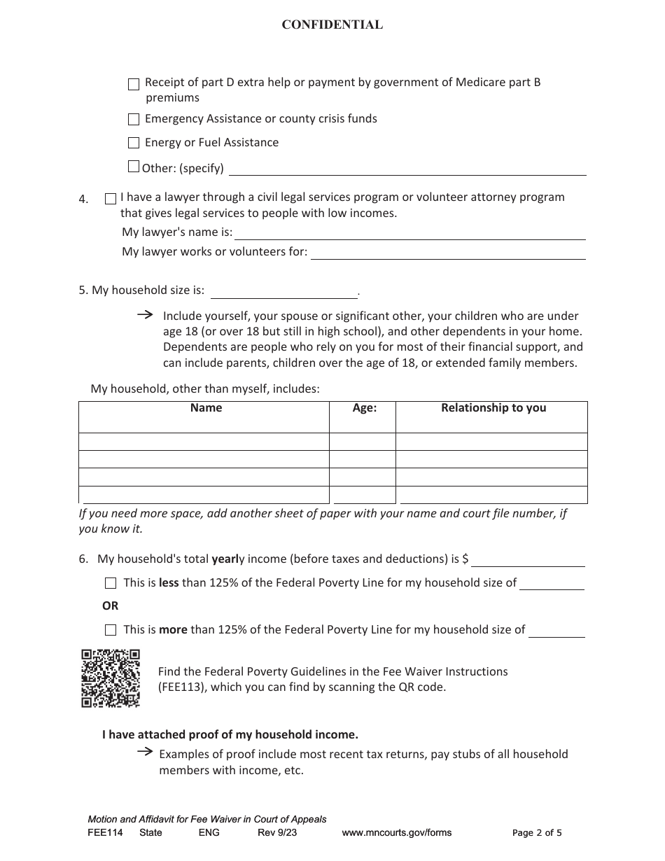 Form FEE114 Motion and Affidavit for Fee Waiver in the Court of Appeals - Minnesota, Page 2