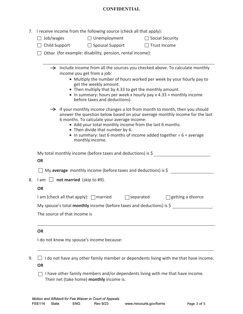 Form FEE114 Motion and Affidavit for Fee Waiver in the Court of Appeals - Minnesota, Page 3