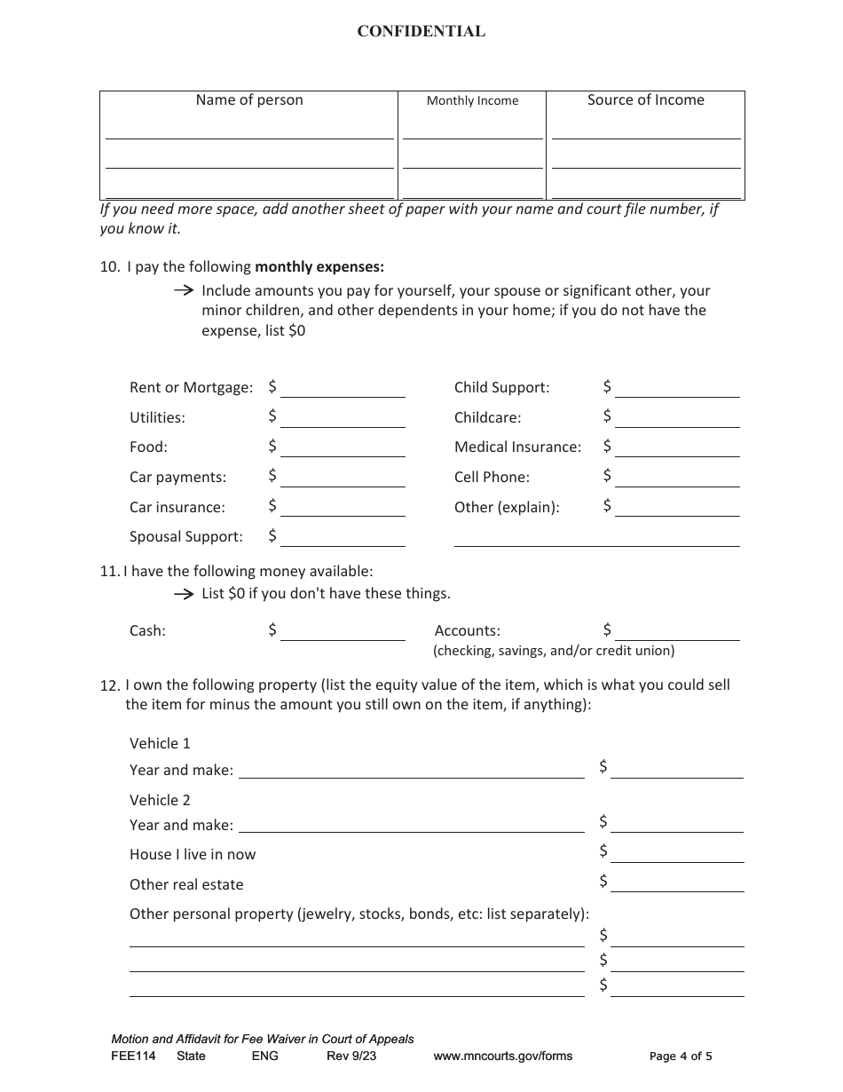 Form FEE114 Motion and Affidavit for Fee Waiver in the Court of Appeals - Minnesota, Page 4