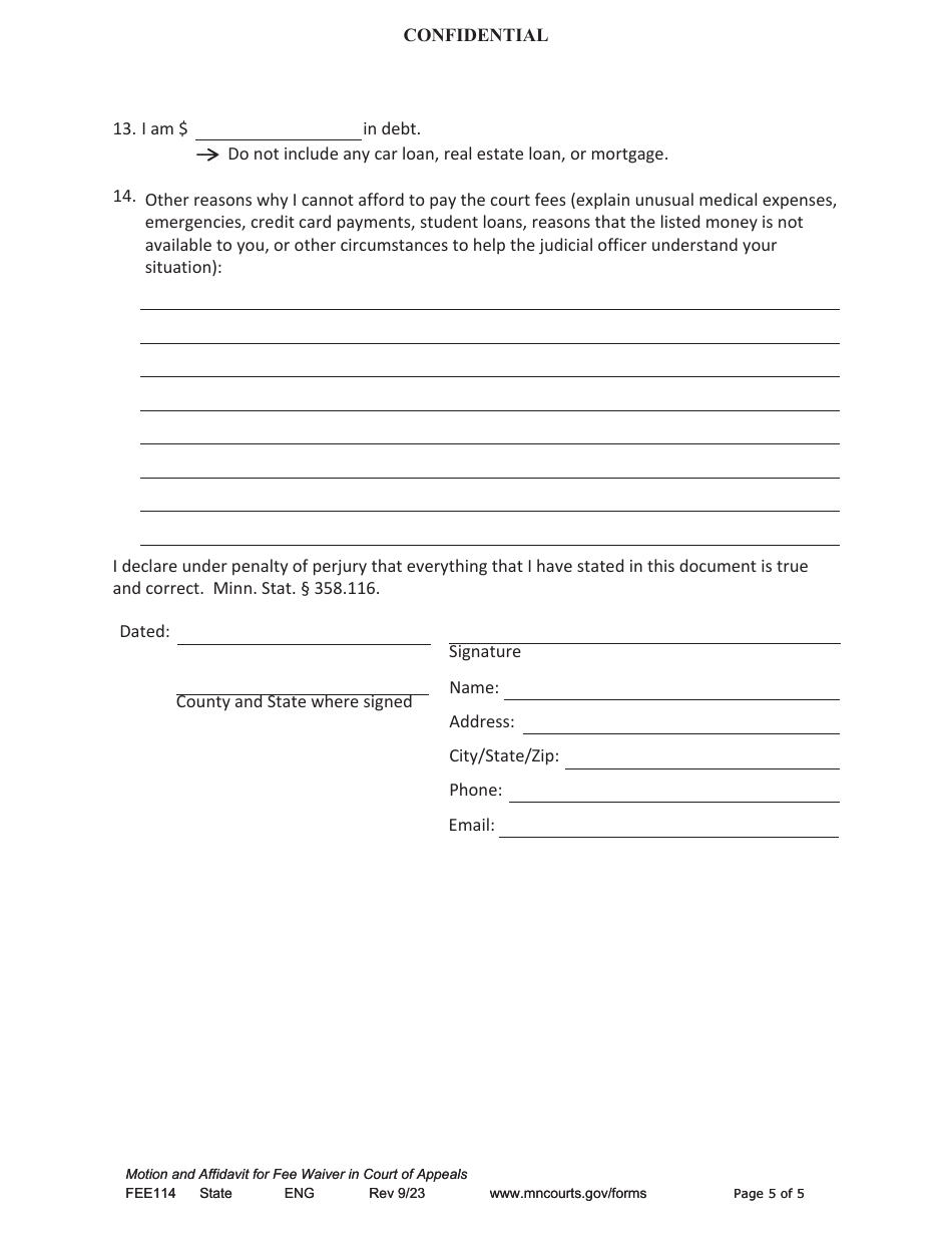 Form FEE114 Motion and Affidavit for Fee Waiver in the Court of Appeals - Minnesota, Page 5