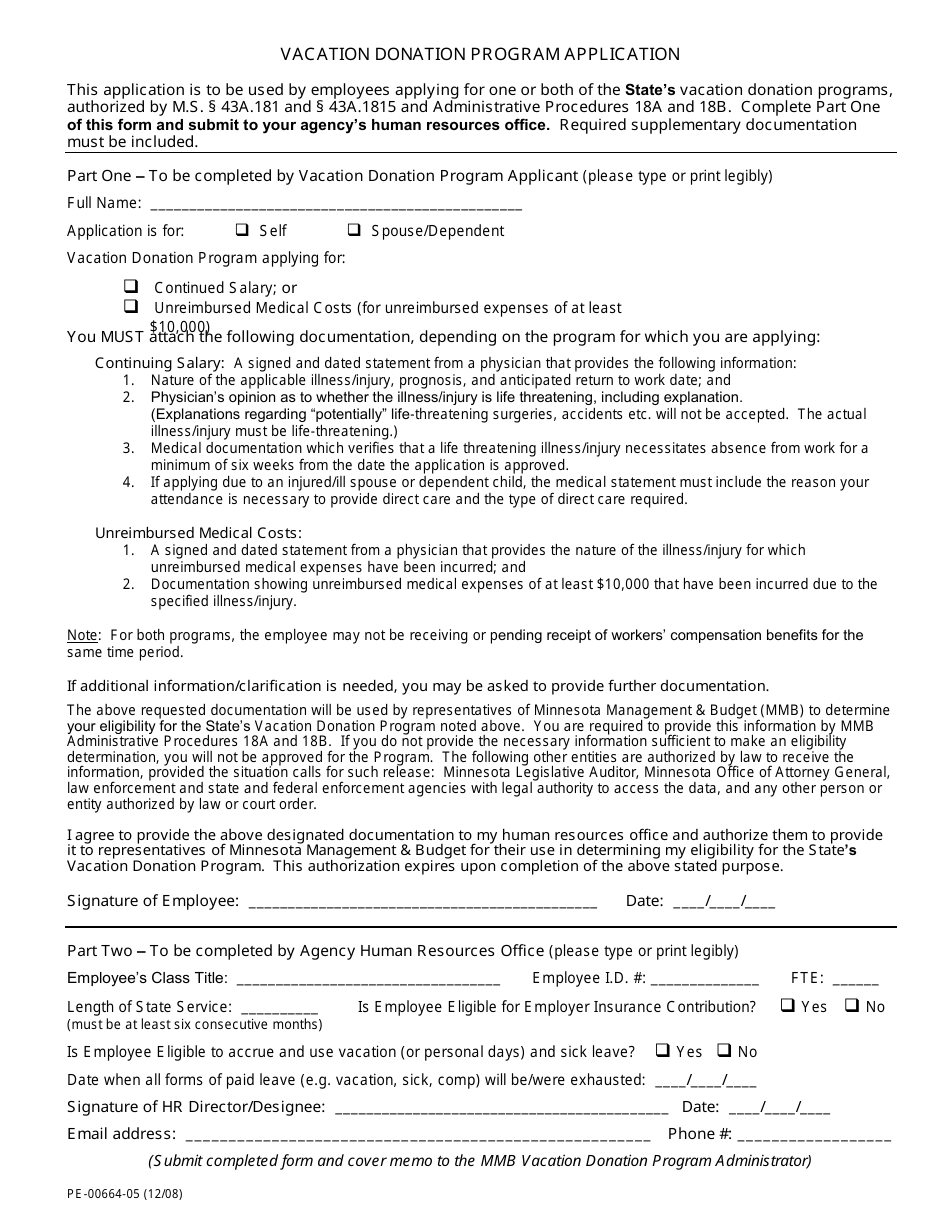Form PE-00664-05 Vacation Donation Program Application - Minnesota, Page 1