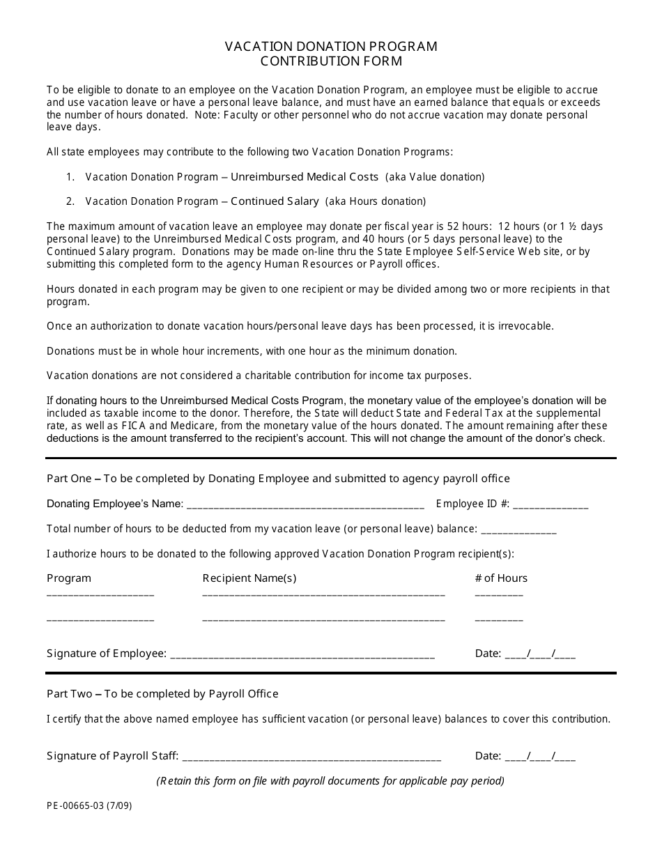 Form PE-00665-03 Contribution Form - Vacation Donation Program - Minnesota, Page 1