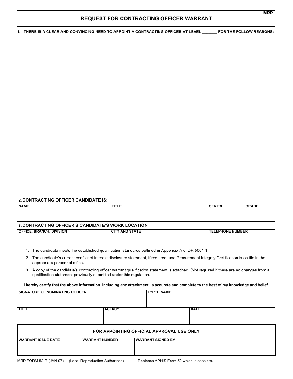 MRP Form 52-R Request for Contracting Officer Warrant, Page 1