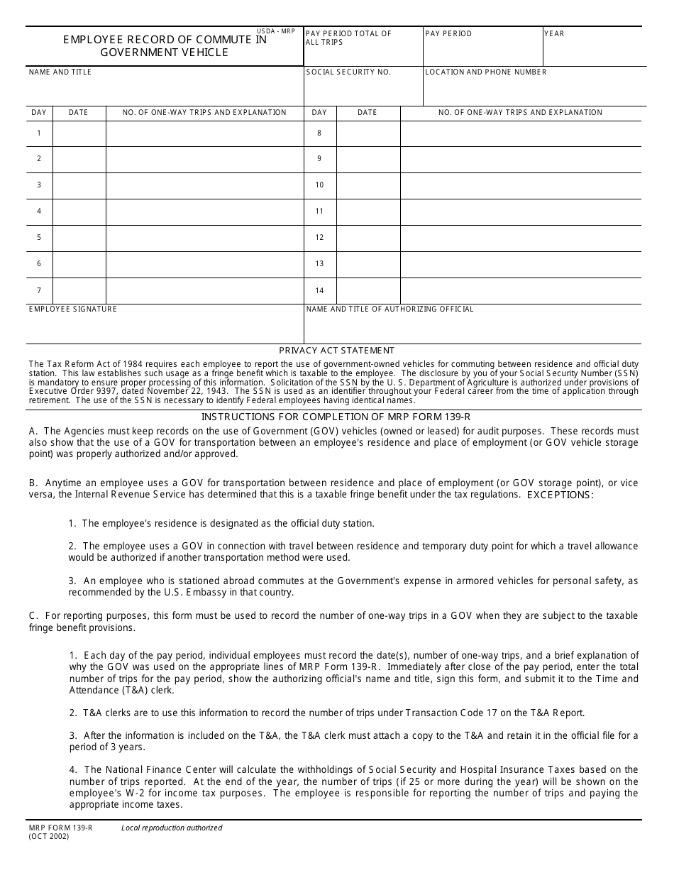 MRP Form 139-R Employee Record of Commute in Government Vehicle, Page 1