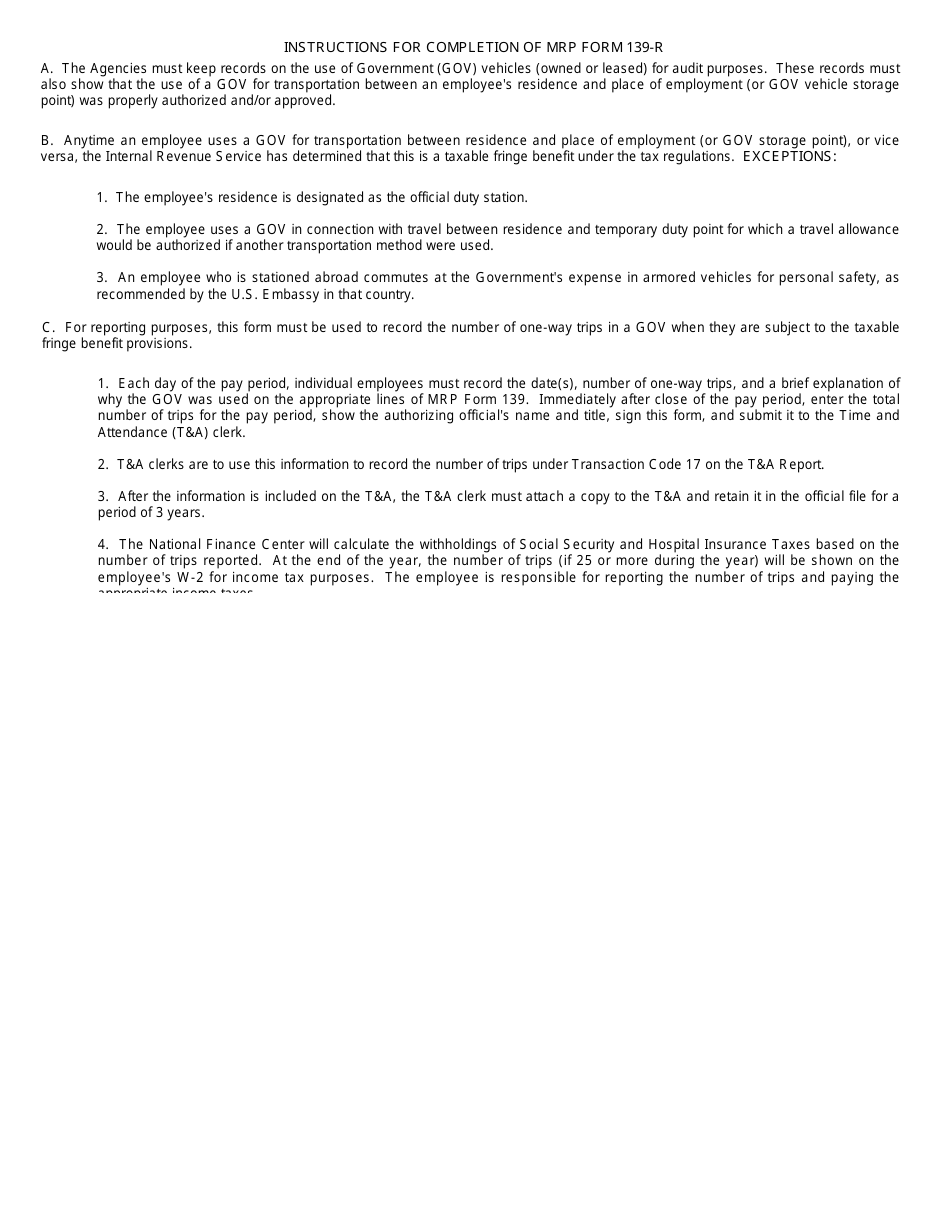 MRP Form 139-R Employee Record of Commute in Government Vehicle, Page 2
