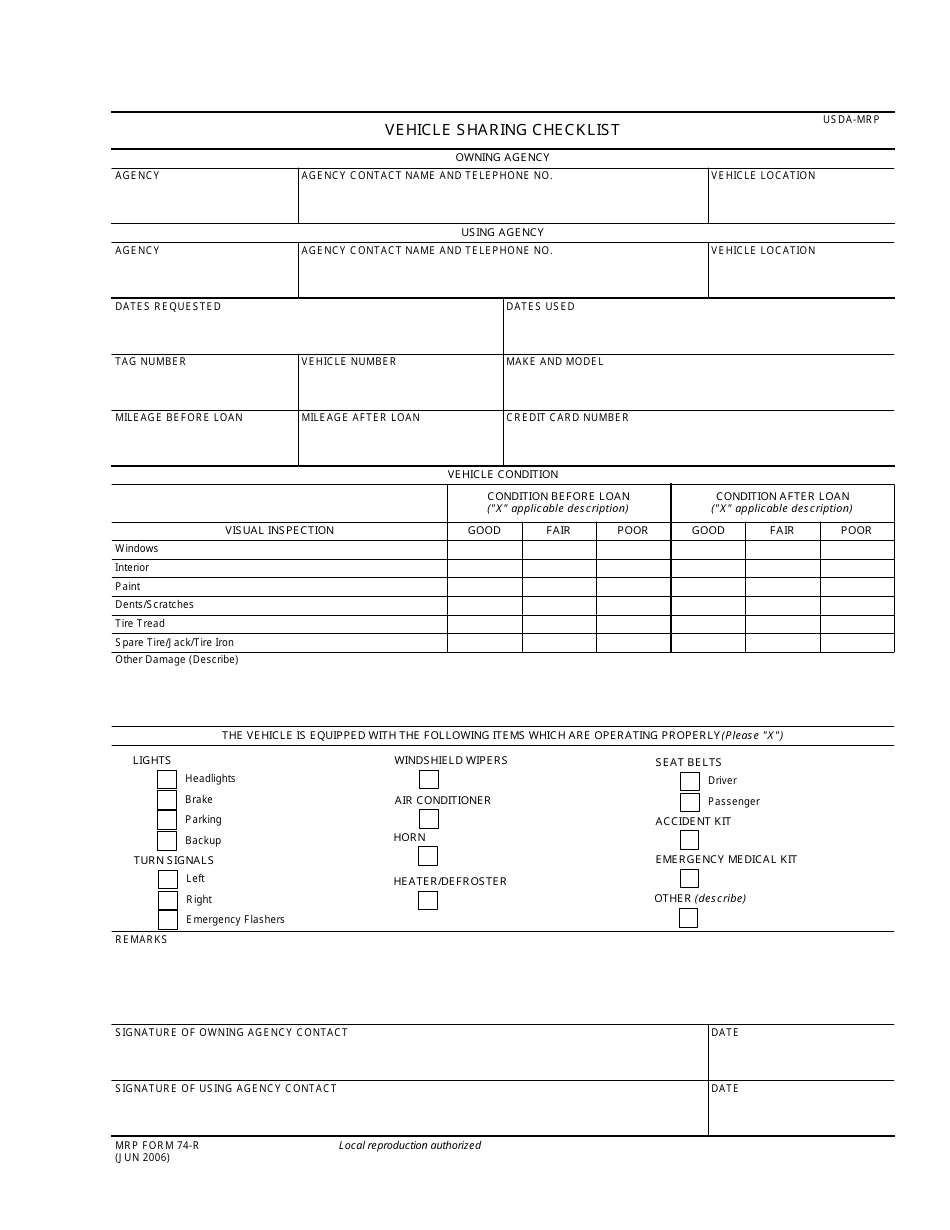 MRP Form 74-R Vehicle Sharing Checklist, Page 1
