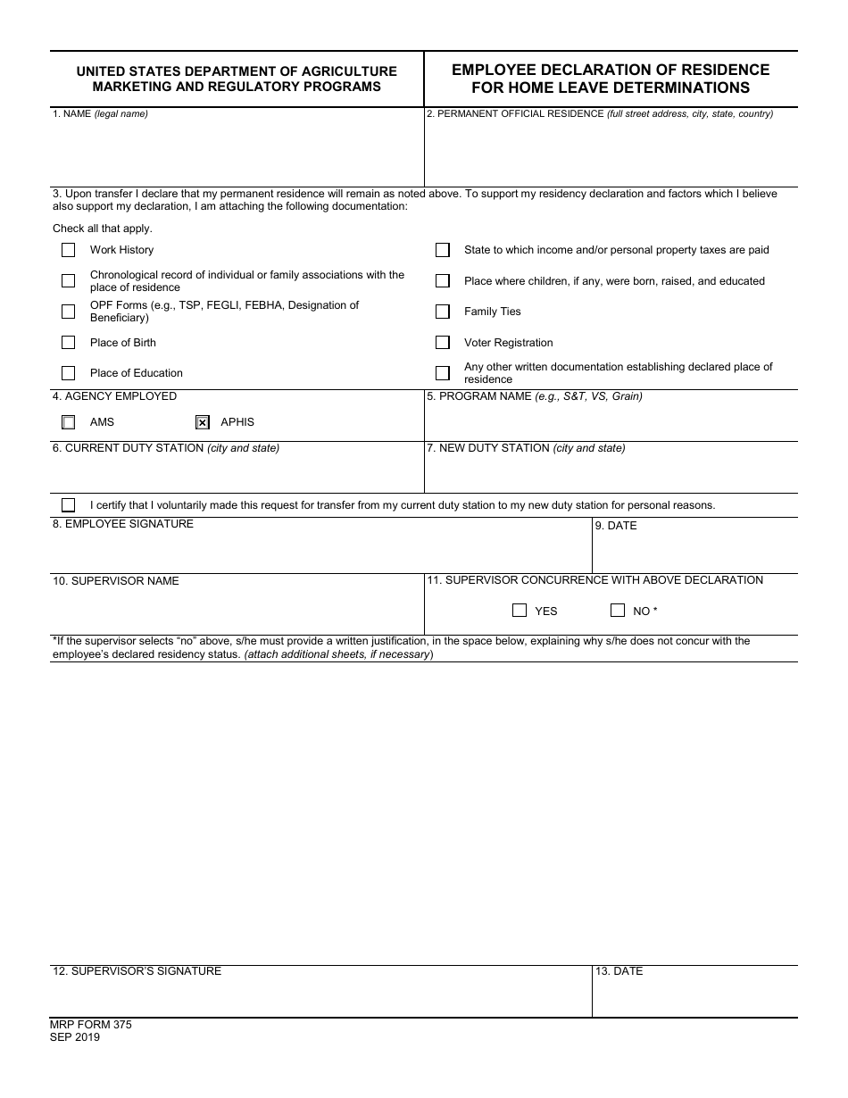 MRP Form 375 Employee Declaration of Residence for Home Leave Determinations, Page 1