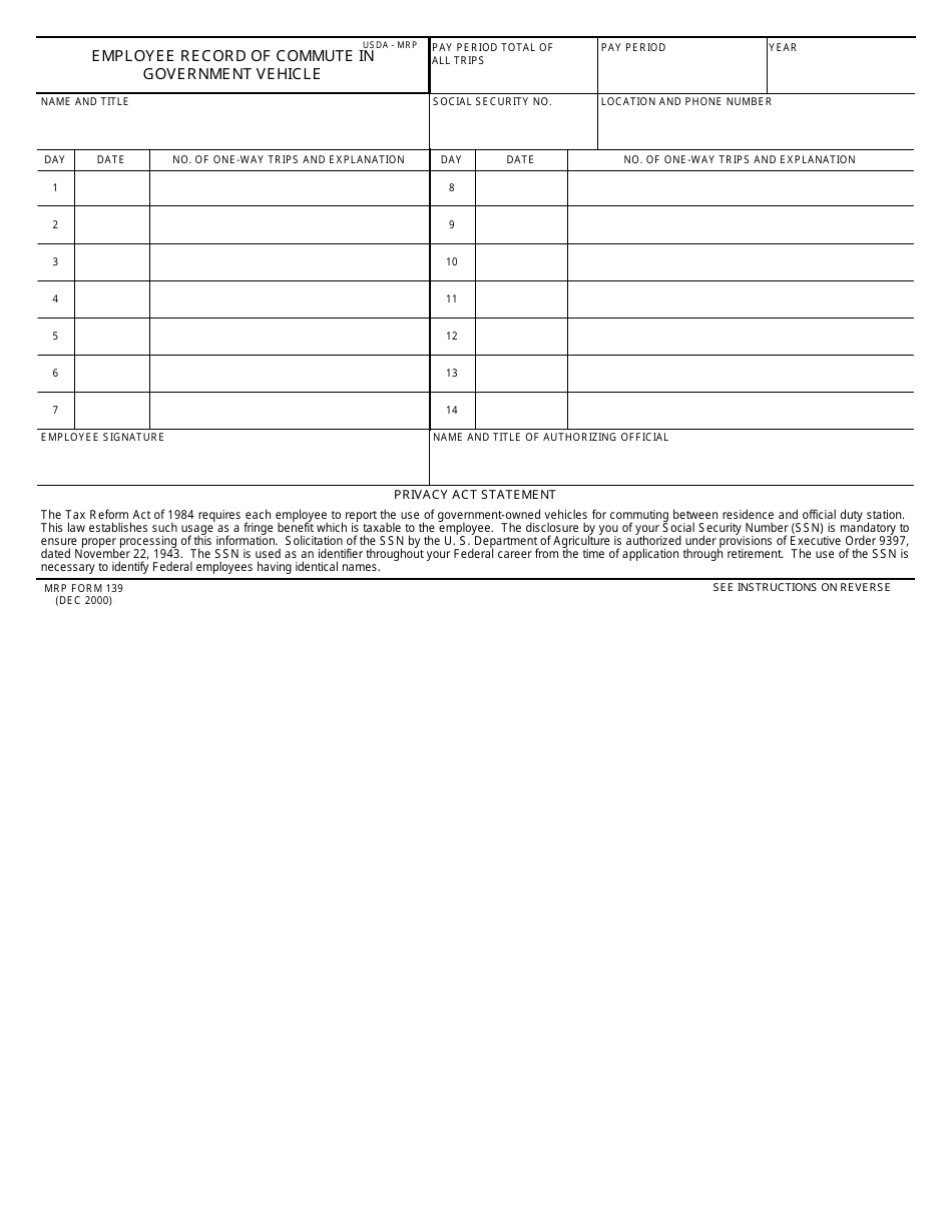 MRP Form 139 Employee Record of Commute in Government Vehicle, Page 1