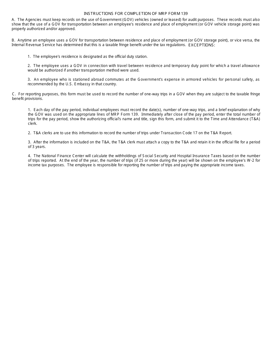 MRP Form 139 Employee Record of Commute in Government Vehicle, Page 2