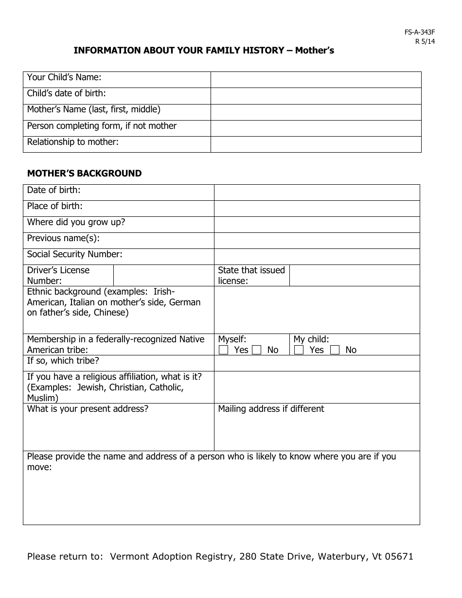 Form FS-A-343F Information About Your Family History - Mothers - Vermont, Page 1