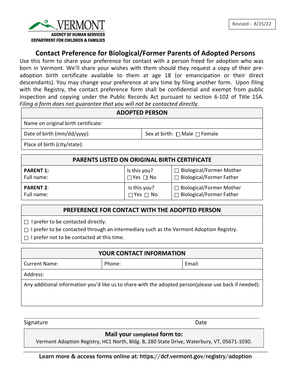 Contact Preference for Biological / Former Parents of Adopted Persons - Vermont, Page 1