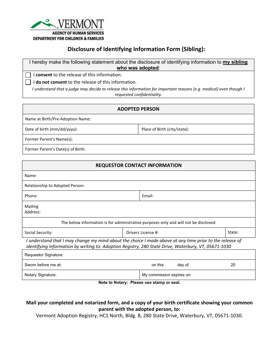 Disclosure of Identifying Information Form (Sibling) - Vermont, Page 1