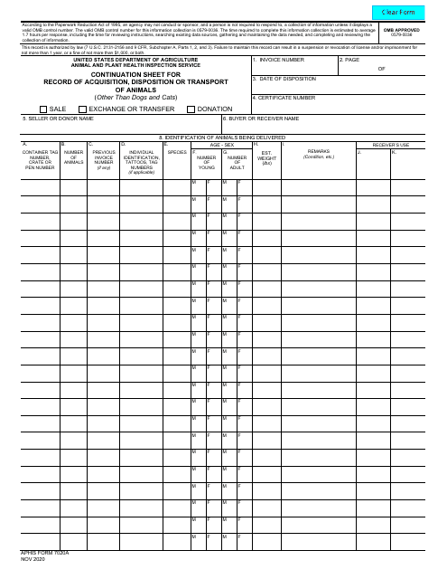 APHIS Form 7020A Continuation Sheet for Record of Acquisition, Disposition or Transport of Animals (Other Than Dogs and Cats)