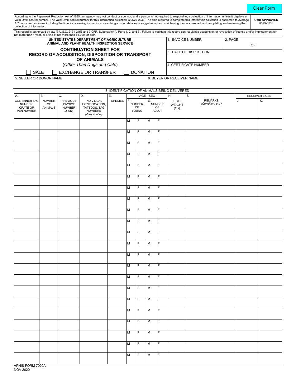 APHIS Form 7020A Continuation Sheet for Record of Acquisition, Disposition or Transport of Animals (Other Than Dogs and Cats), Page 1