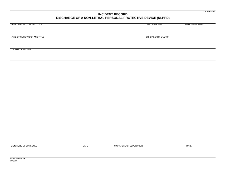 APHIS Form 301R Incident Record Discharge of a Non-lethal Personal Protective Device (Nlppd), Page 1