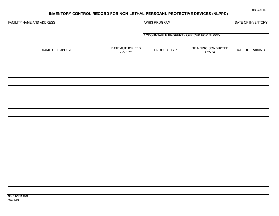APHIS Form 302R Inventory Control Record for Non-lethal Persoanl Protective Devices (Nlppd), Page 1