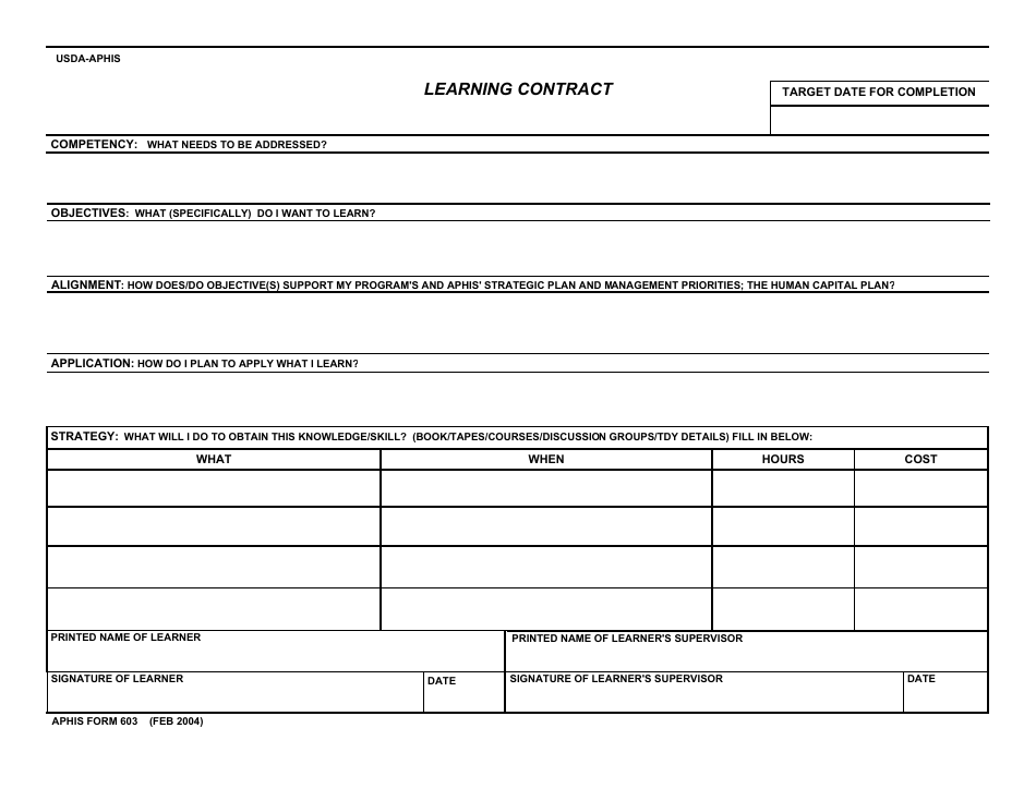 APHIS Form 603 Learning Contract, Page 1