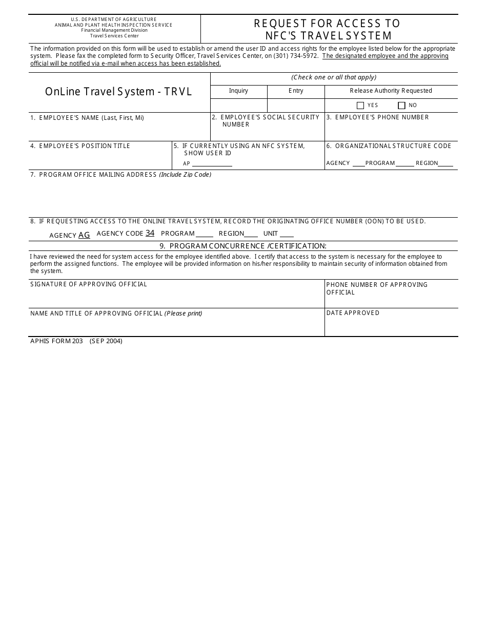 APHIS Form 203 Request for Access to Nfcs Travel System, Page 1