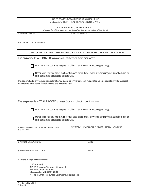 APHIS Form 258-R  Printable Pdf