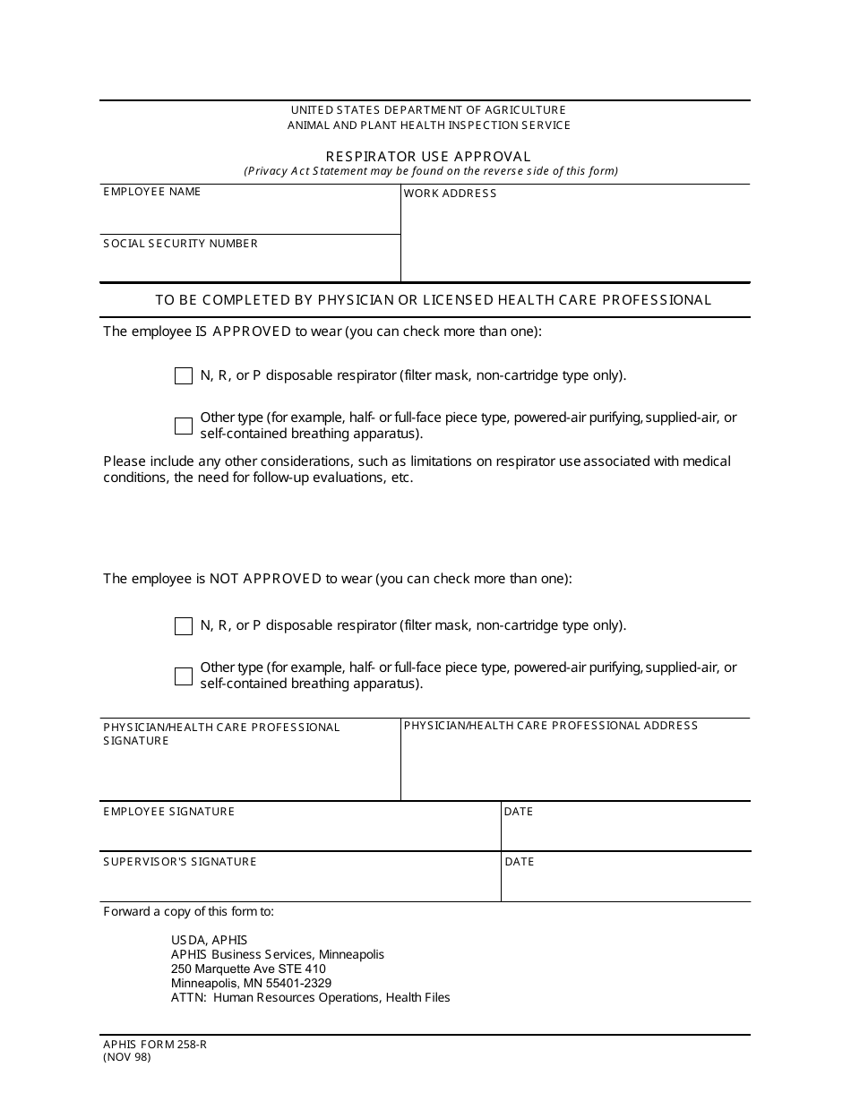 APHIS Form 258-R Respirator Use Approval, Page 1