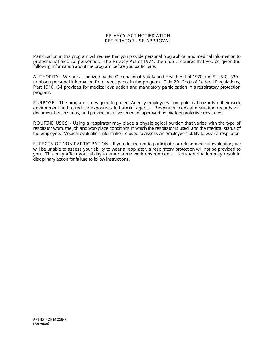 APHIS Form 258-R Respirator Use Approval, Page 2