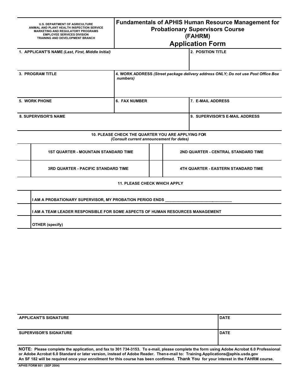 APHIS Form 601 Fundamentals of Aphis Human Resource Management for Probationary Supervisors Course (Fahrm) Application Form, Page 1