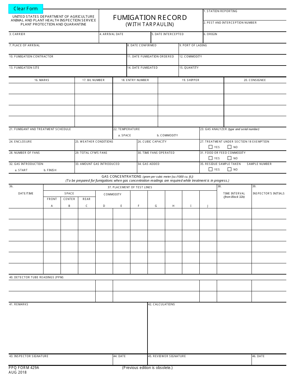 PPQ Form 429A Fumigation Record (With Tarpaulin), Page 1