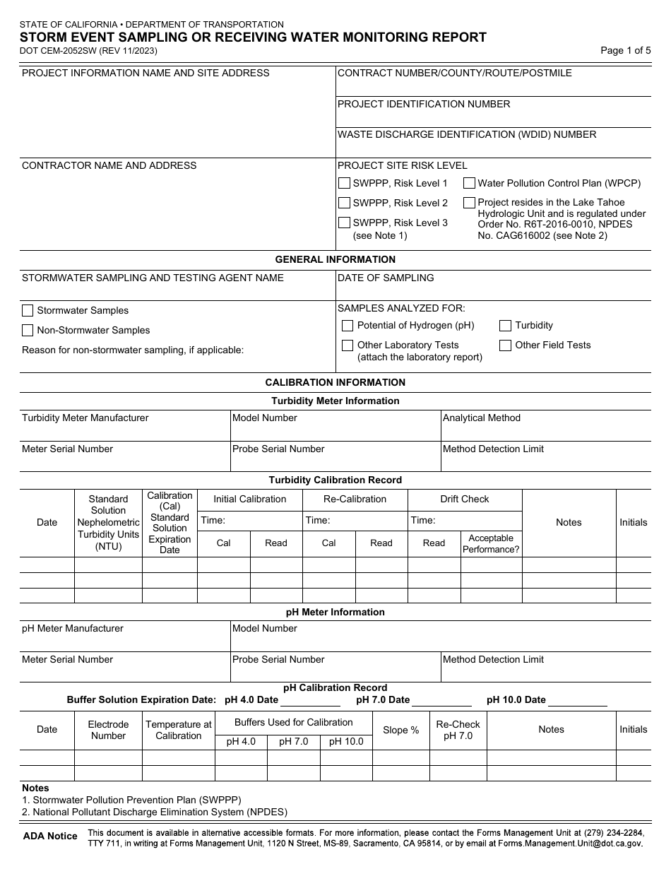 Form DOT CEM-2052SW Storm Event Sampling or Receiving Water Monitoring Report - California, Page 1