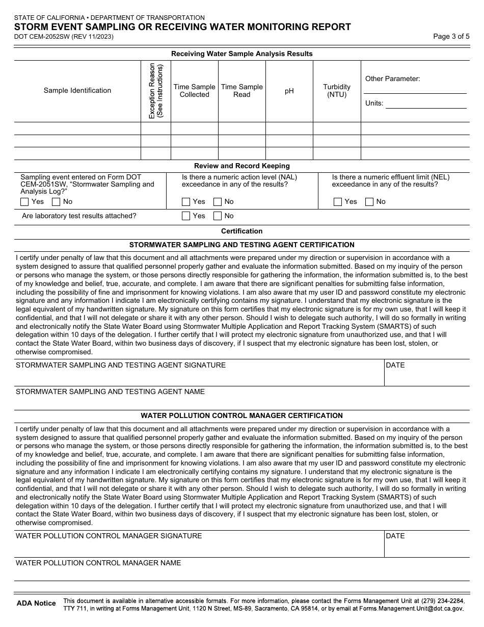 Form DOT CEM-2052SW Storm Event Sampling or Receiving Water Monitoring Report - California, Page 3