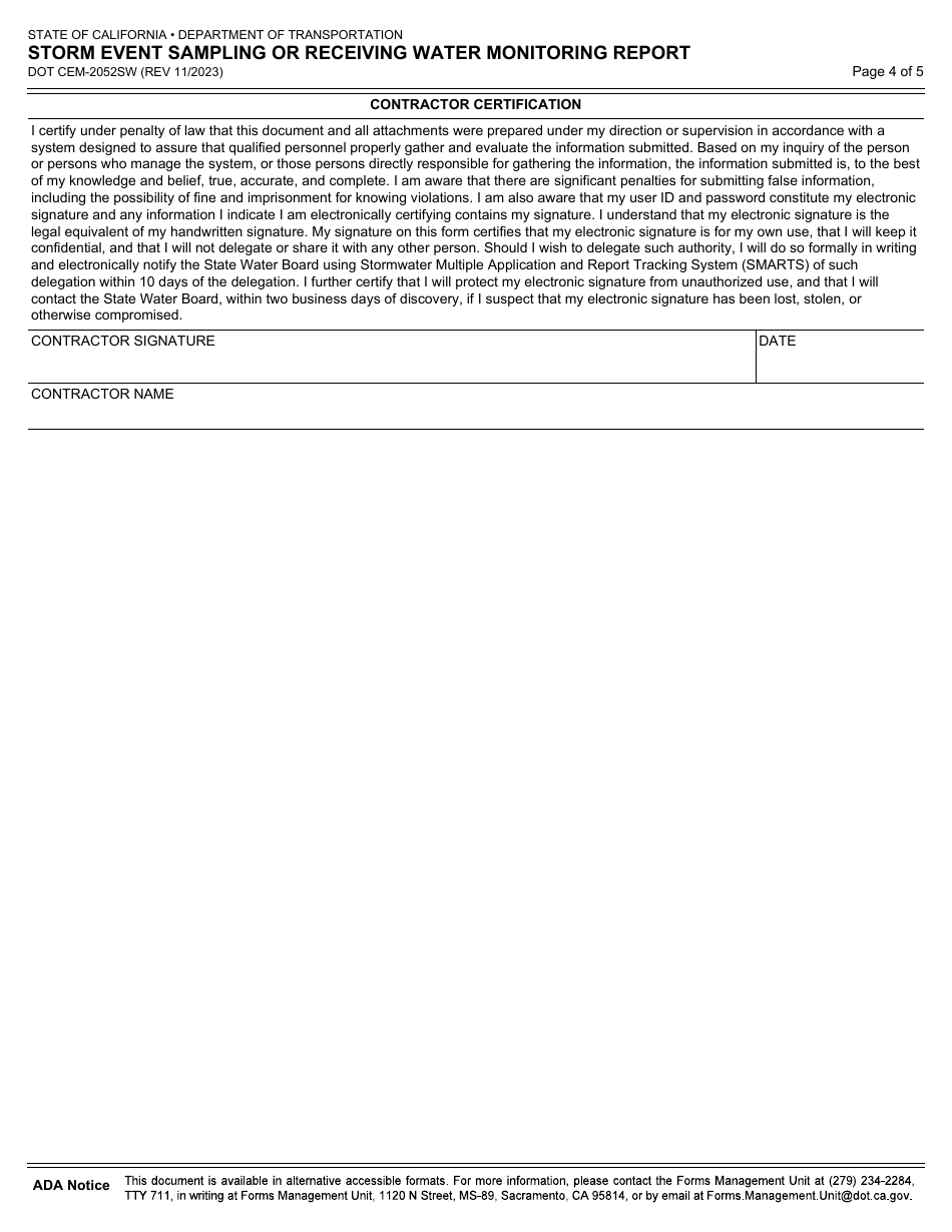 Form DOT CEM-2052SW Storm Event Sampling or Receiving Water Monitoring Report - California, Page 4