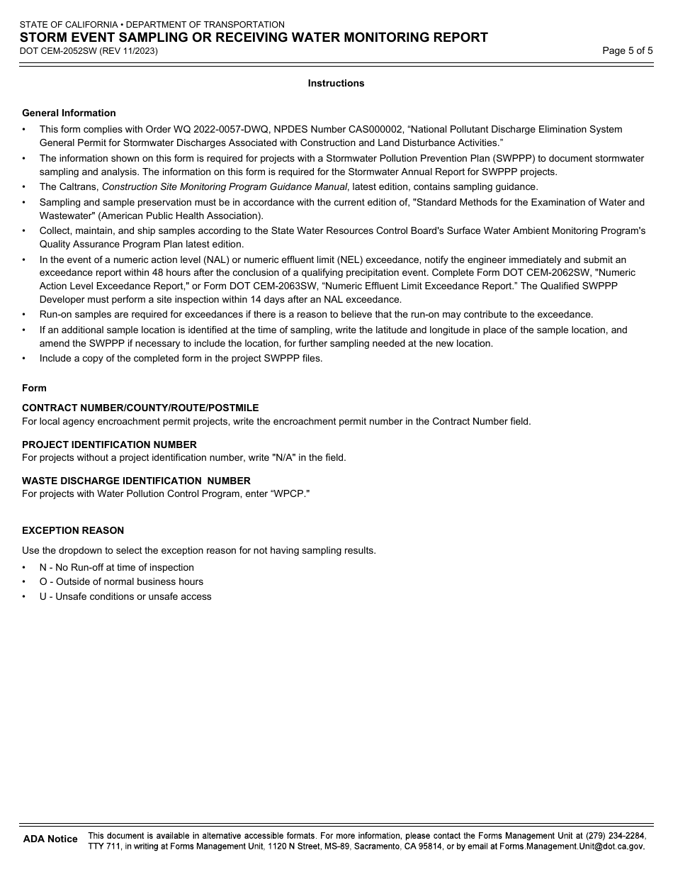 Form DOT CEM-2052SW Storm Event Sampling or Receiving Water Monitoring Report - California, Page 5