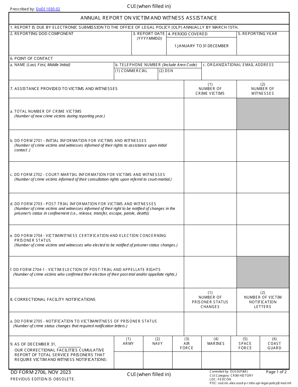 DD Form 2706 Annual Report on Victim and Witness Assistance, Page 1