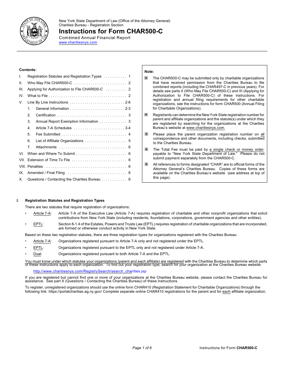 Instructions for Form CHAR500-C Combined Annual Financial Report - New York, Page 1