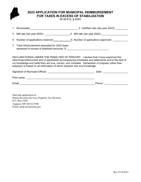 Application for Municipal Reimbursement for Taxes in Excess of Stabilization - Maine Download Pdf
