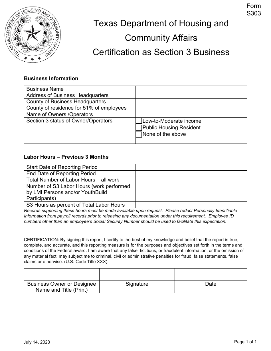 Form S303 Certification as Section 3 Business - Texas, Page 1