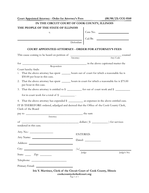 Form CCG0160 Court Appointed Attorney - Order for Attorney's Fees - Cook County, Illinois