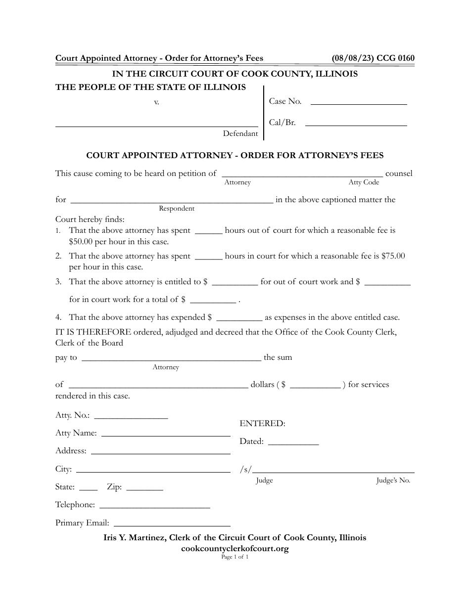 Form CCG0160 Court Appointed Attorney - Order for Attorneys Fees - Cook County, Illinois, Page 1
