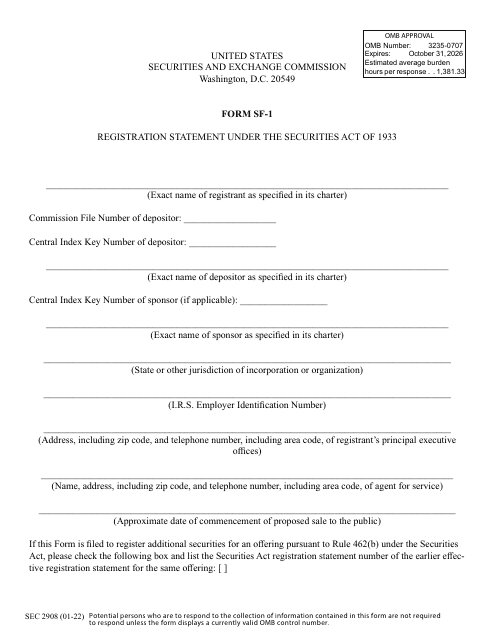 Form SF-1 (SEC Form 2908)  Printable Pdf