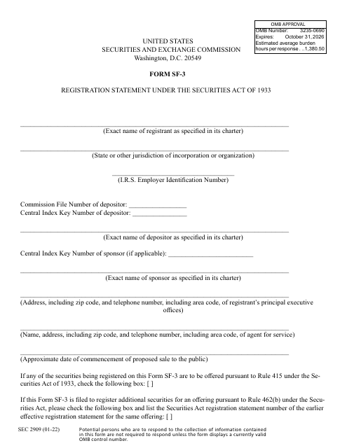 Form SF-3 (SEC Form 2909) Registration Statement Under the Securities Act of 1933