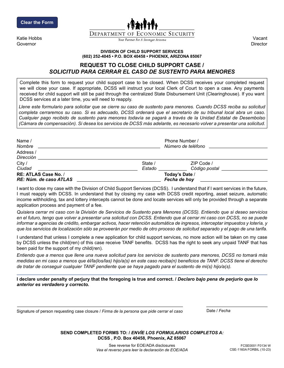 Form CSE-1160A Request to Close Child Support Case - Arizona (English / Spanish), Page 1