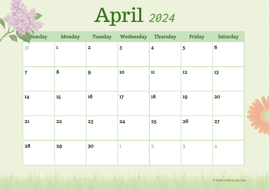 April 2024 Calendar Template Download Printable PDF Templateroller