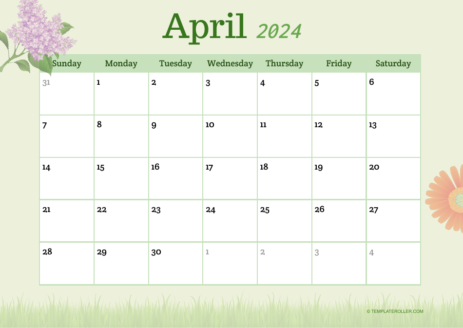 April 2024 Calendar Template, Page 1