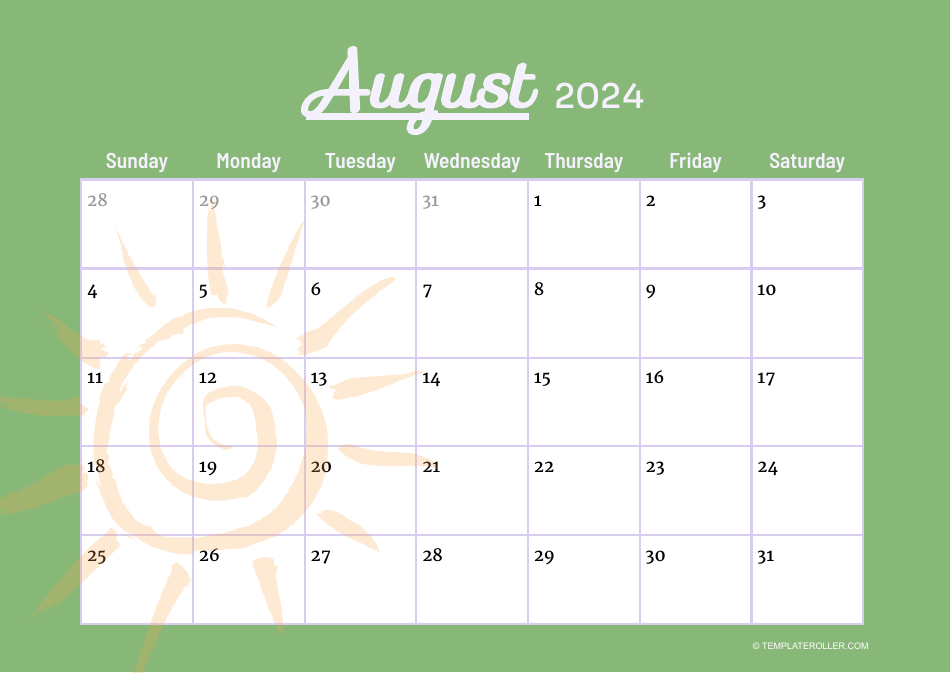 August 2024 Calendar Template Download Printable PDF Templateroller