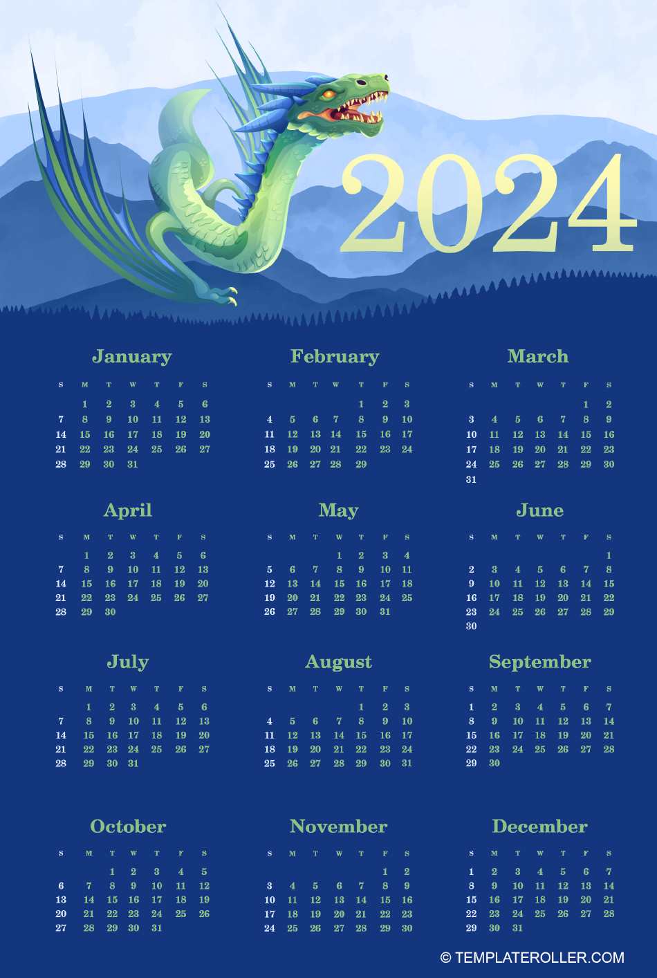 2024 Yearly Calendar Download Printable PDF Templateroller