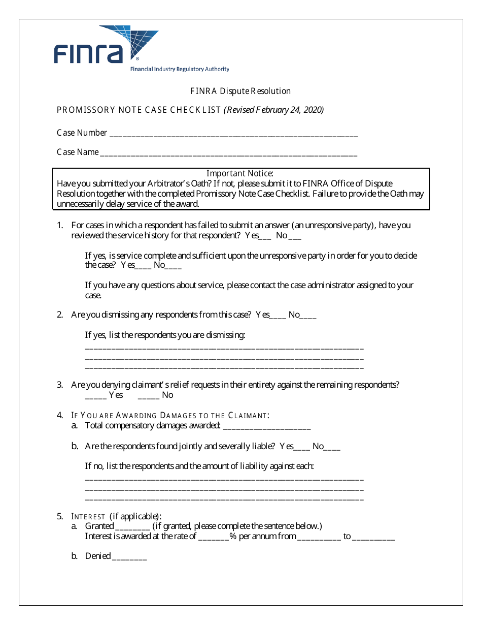 Promissory Note Case Checklist, Page 1