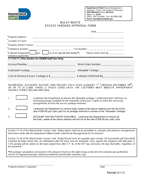 Bulky Waste Excess Yardage Approval Form - Miami-Dade County, Florida Download Pdf