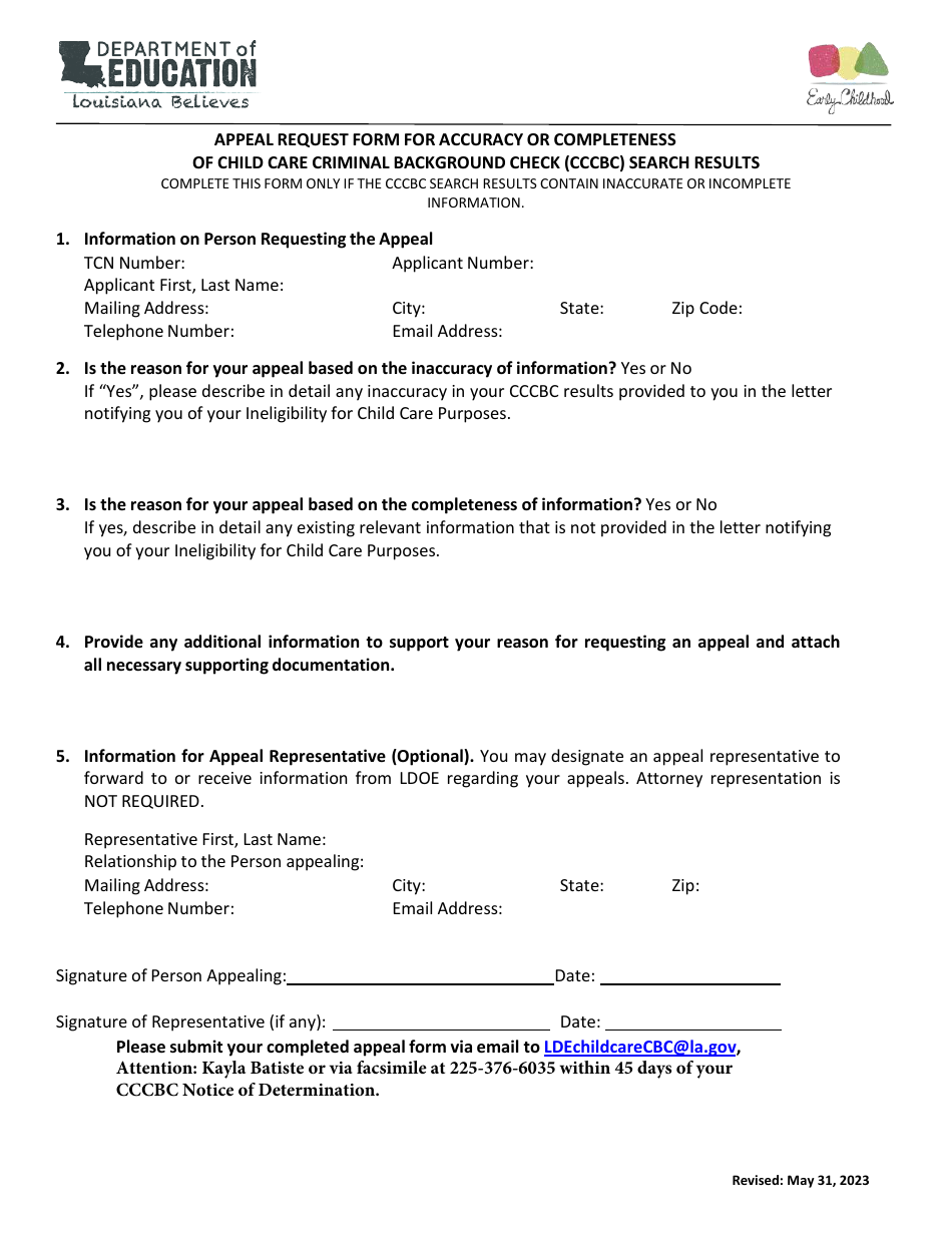Ppeal Request Form for Accuracy or Completeness of Child Care Criminal Background Check (Cccbc) Search Results - Louisiana, Page 1